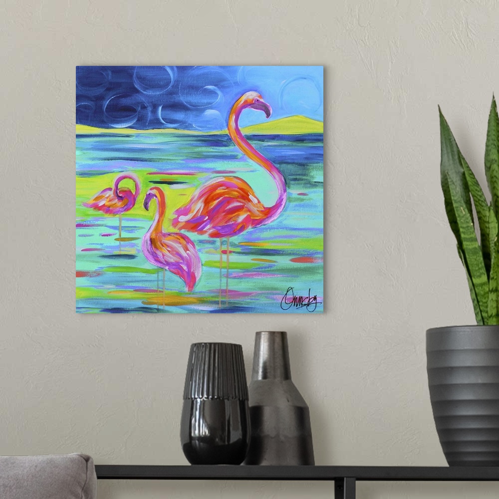 A modern room featuring Contemporary painting of a flamingo family standing in water.