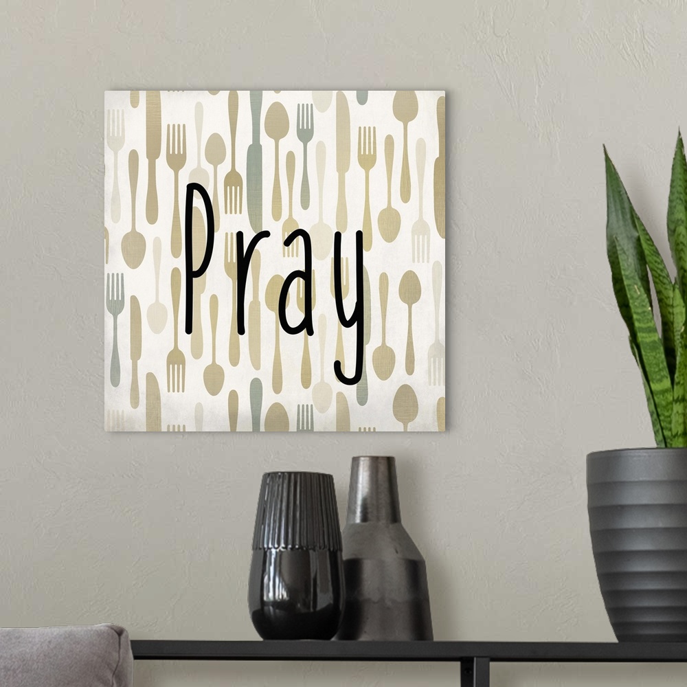 A modern room featuring The word Pray in black text over a pattern of forks, spoons, and knives.