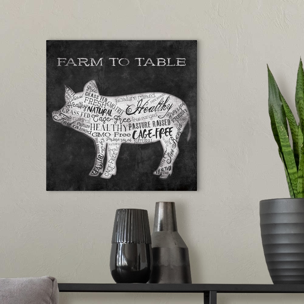 A modern room featuring Folksy home decor artwork of a pig in silhouette with typography in the silhouette.
