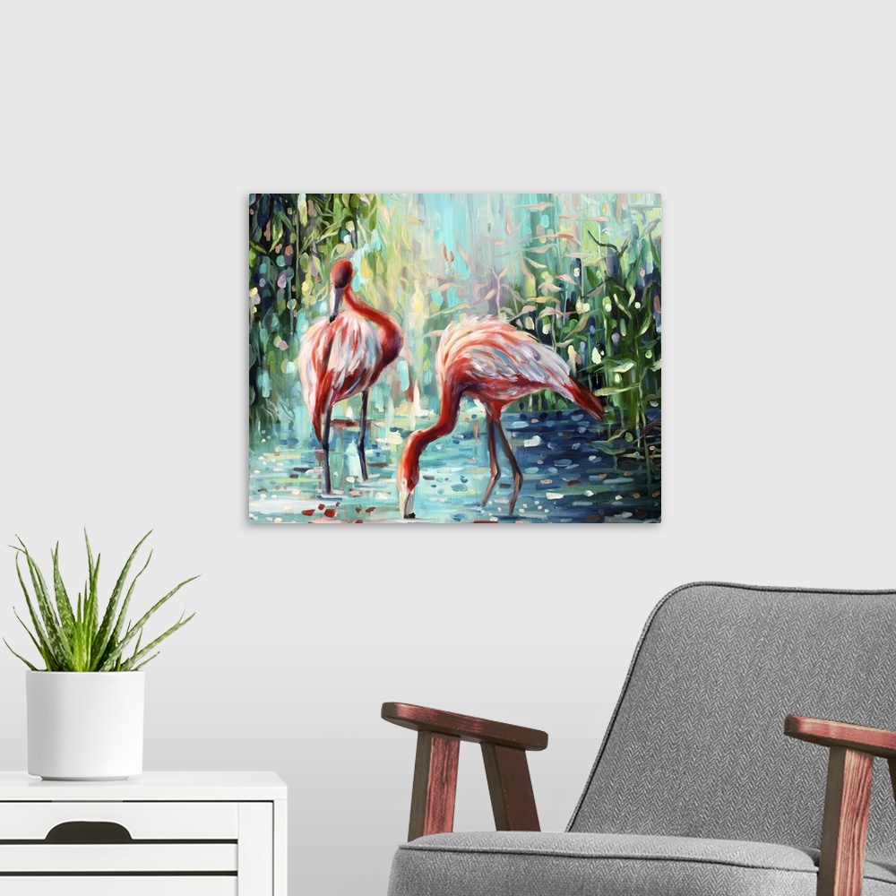 A modern room featuring Contemporary painting of flamingos standing in shallow jungle waters.
