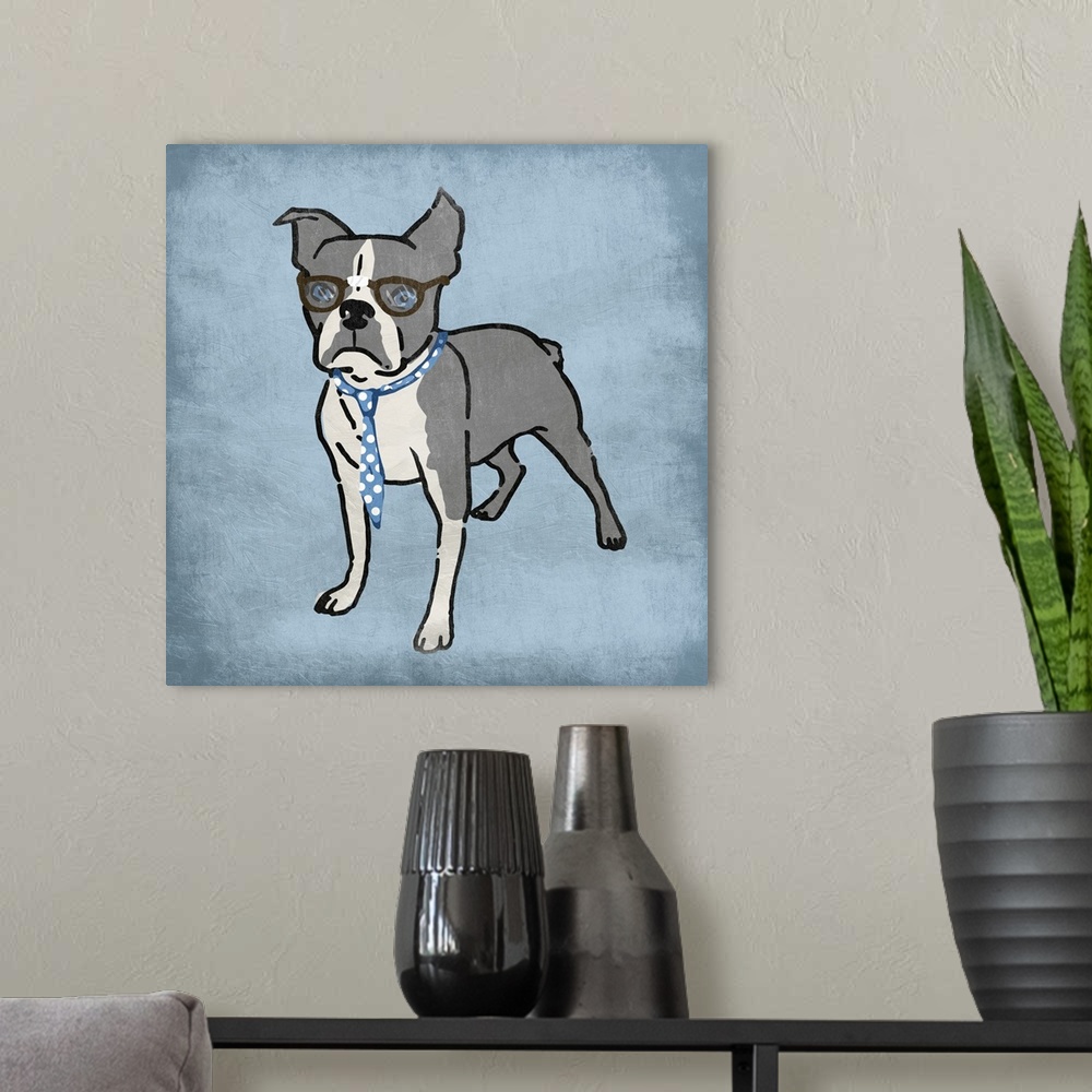 A modern room featuring A painting of a terrier wearing a blue and white polka dot tie and glasses that are taped in the ...
