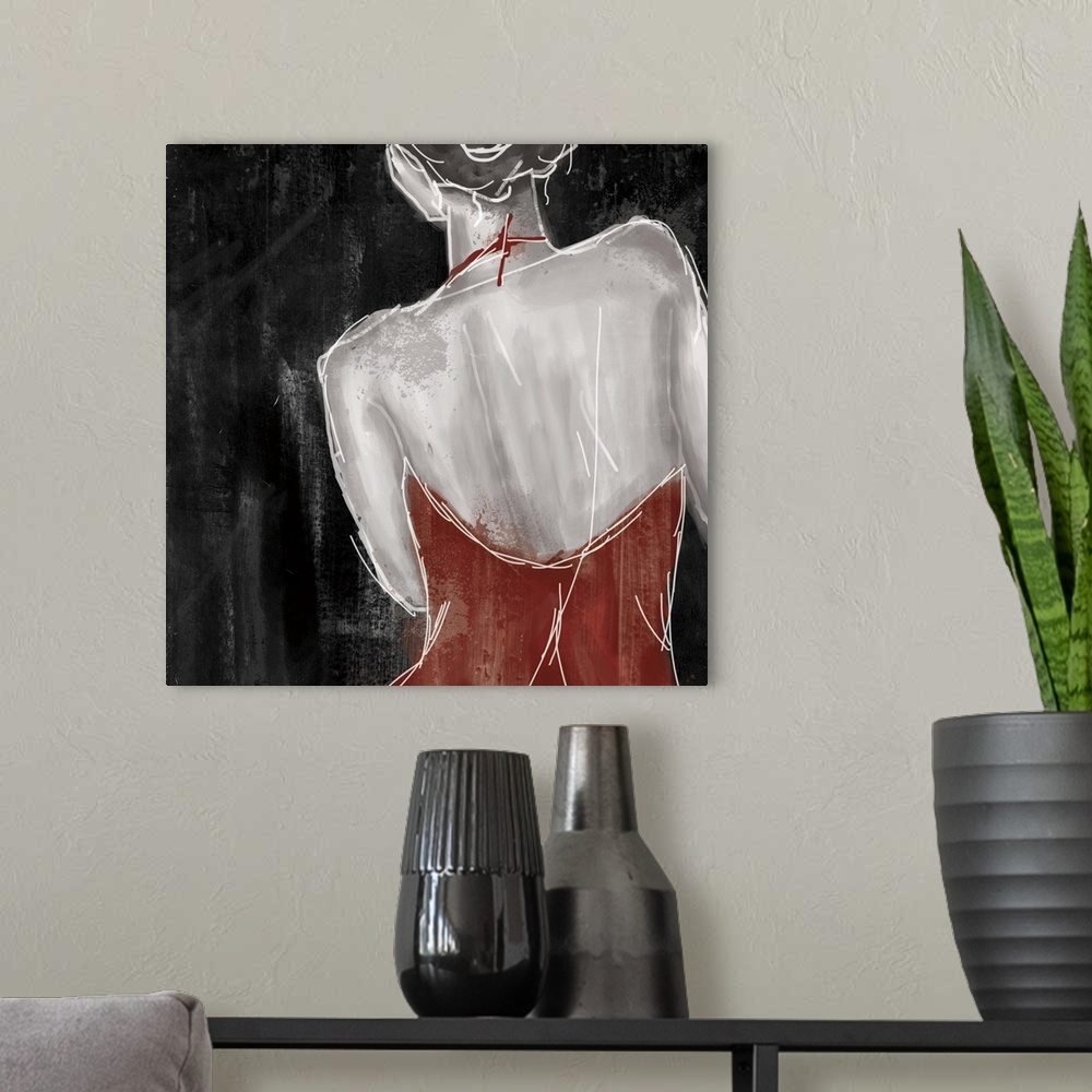 A modern room featuring Contemporary artwork of a woman wearing a red dress turned away from viewer.