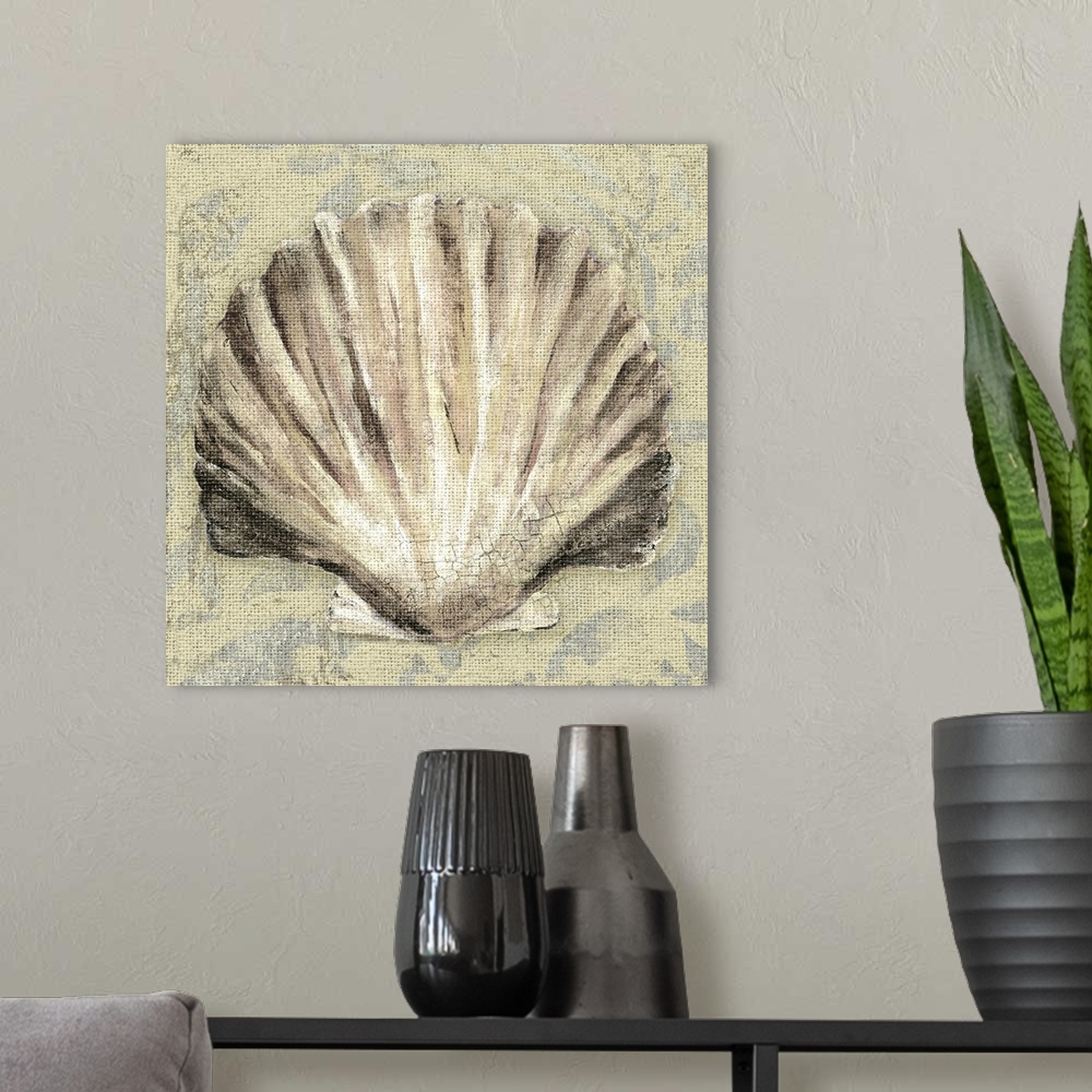 A modern room featuring Artwork of a beige scallop shell against a cream colored background.