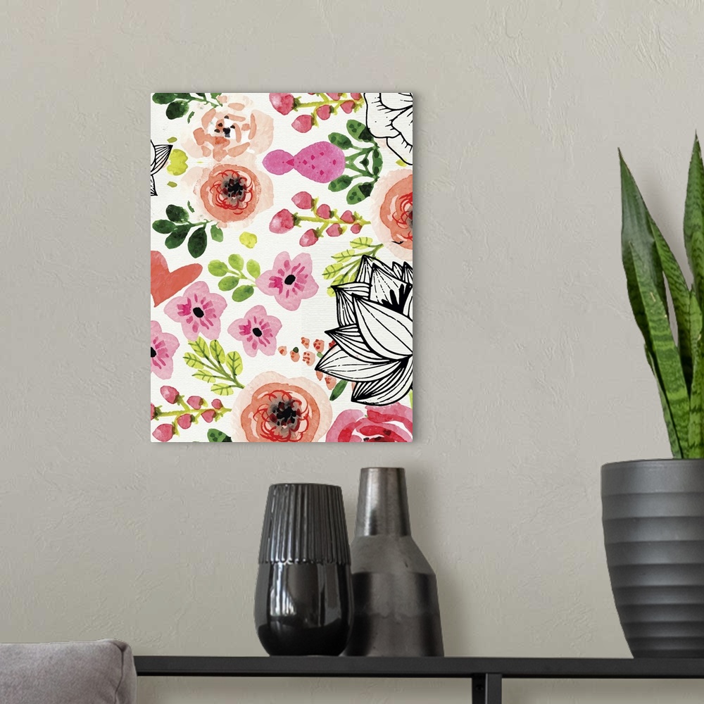 A modern room featuring Assortment of flowers in watercolor and ink in shades of pink with green leaves.