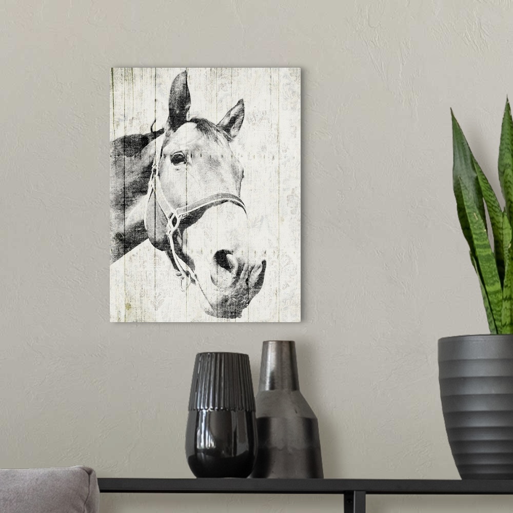 A modern room featuring Contemporary artwork of a horse against a background of rustic wood planks.