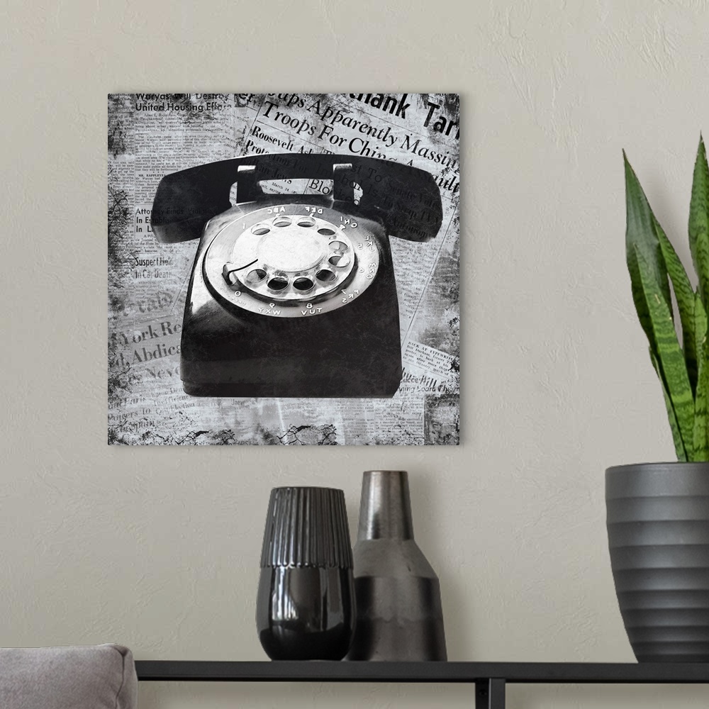 A modern room featuring A black and white image of a vintage telephone on a newspaper clipping background.