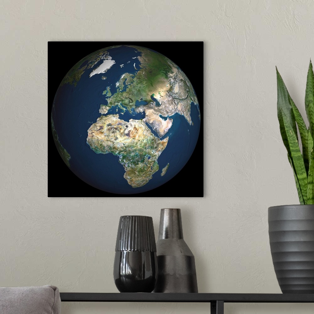 A modern room featuring Globe Europe, True Colour Satellite Image. True colour satellite image of the whole earth, showin...
