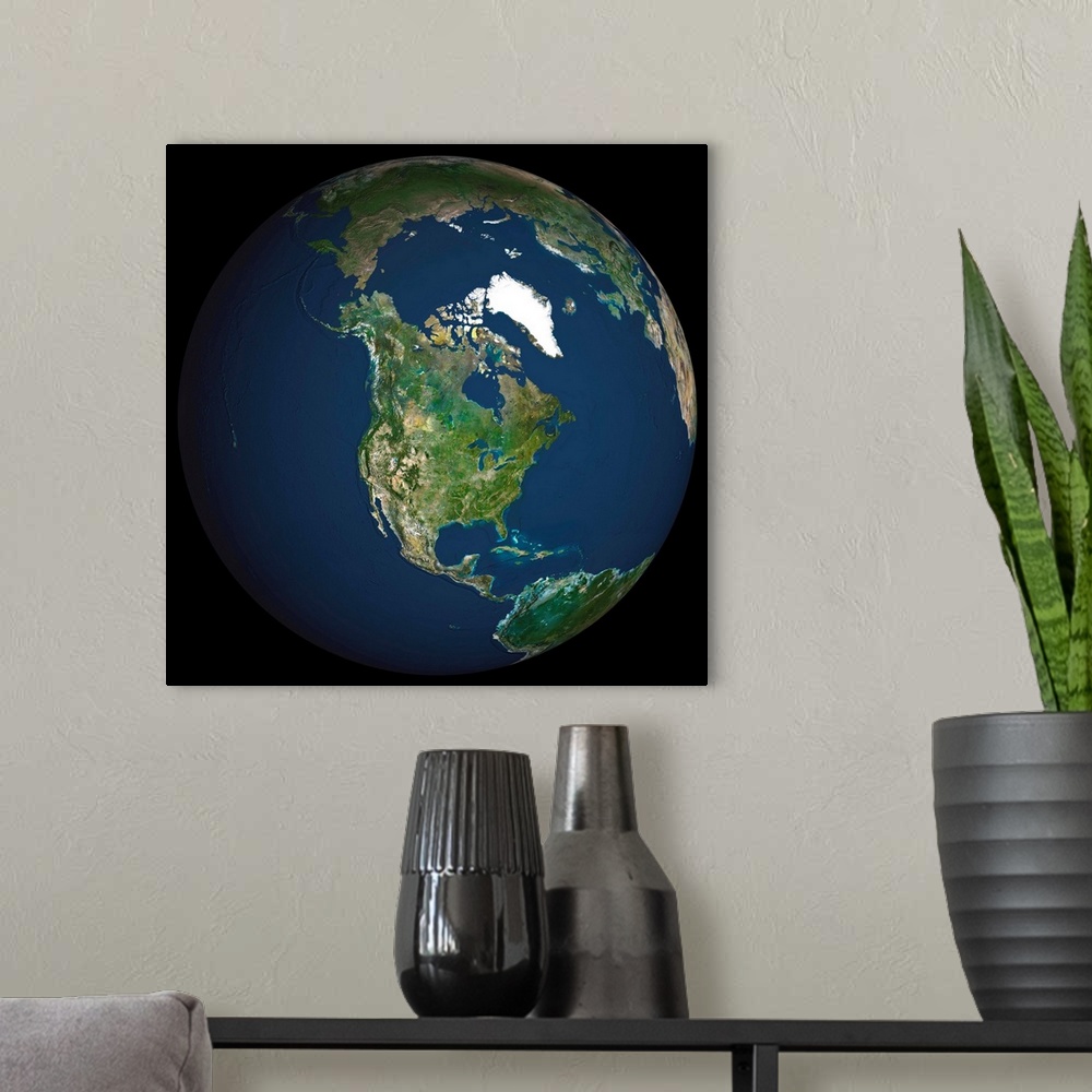 A modern room featuring Globe North America, True Colour Satellite Image. Earth. True colour satellite image of the Earth...