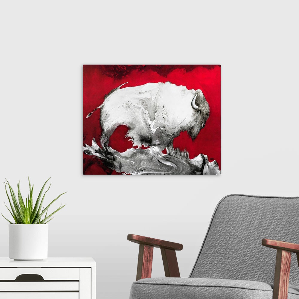A modern room featuring Illustration of a bison against a red background