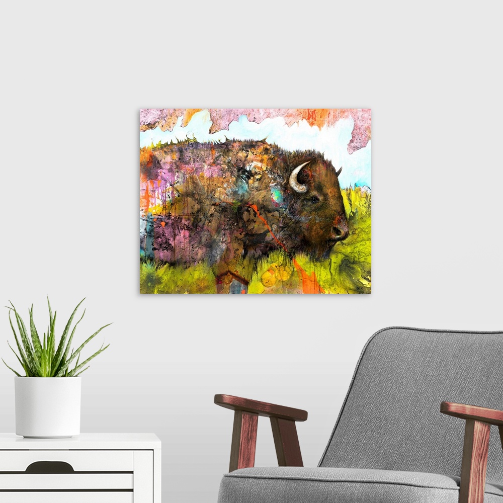 A modern room featuring Illustration of a buffalo with colourful splashes and landscape