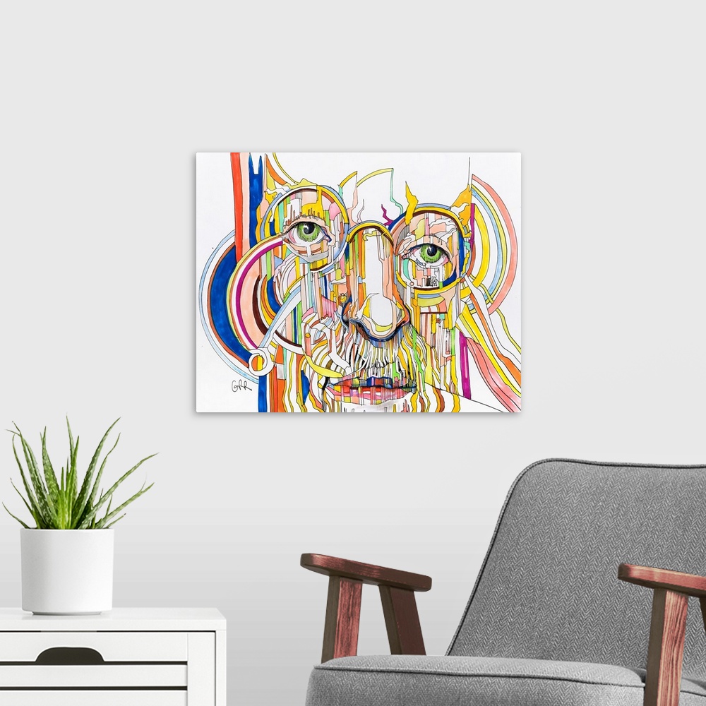 A modern room featuring Illustration Of A Man's Face Covered With A Colourful Pattern Of Lines.