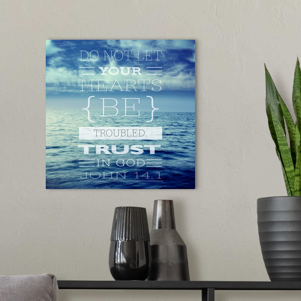 A modern room featuring Image Of A Seascape Of Blue Water And Blue Sky With Cloud And A Scripture From John 14:1