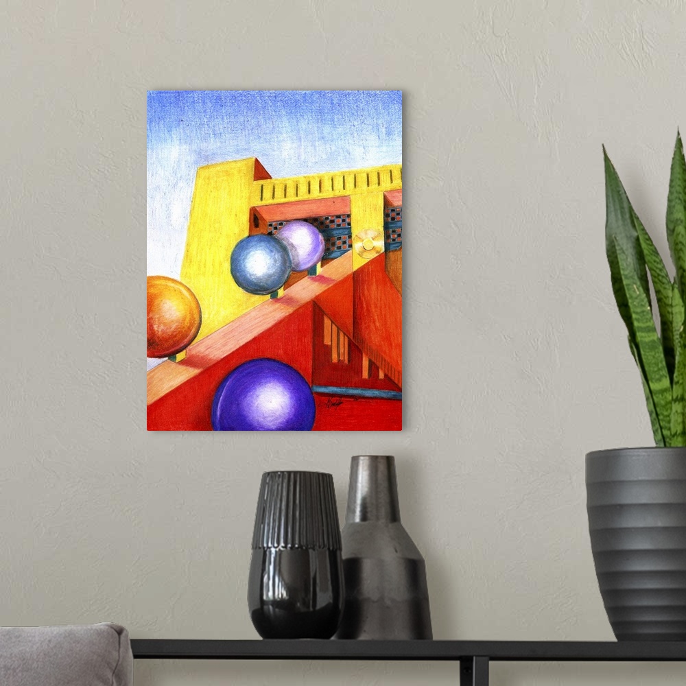 A modern room featuring A colorful vertical painting of a building with circular shapes.