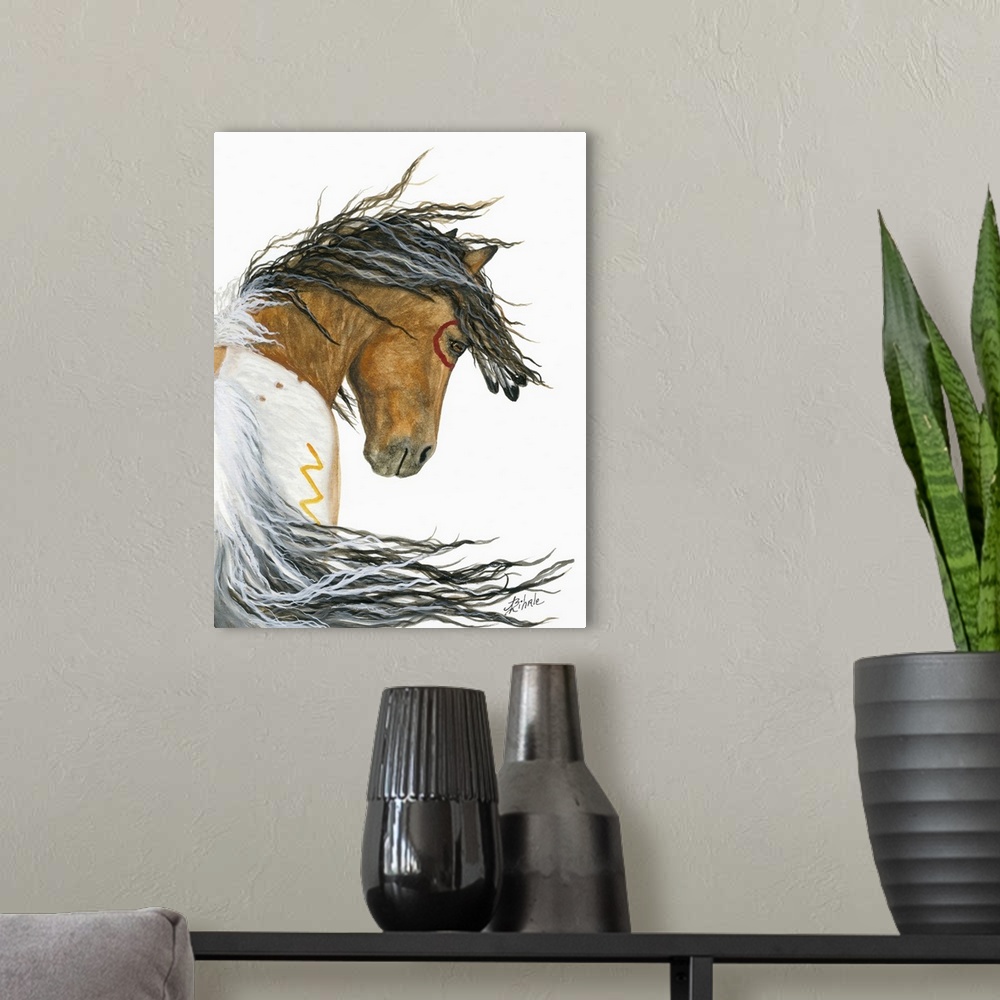 A modern room featuring Majestic Series of Native American inspired horse paintings of a pinto Mustang.