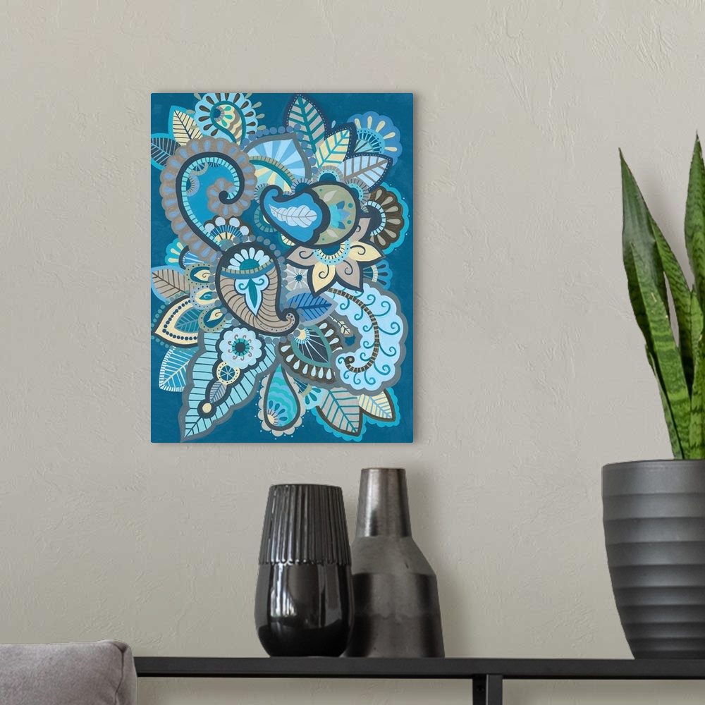 A modern room featuring Cool-toned design featuring a group of paisley leaves swirling around each other.