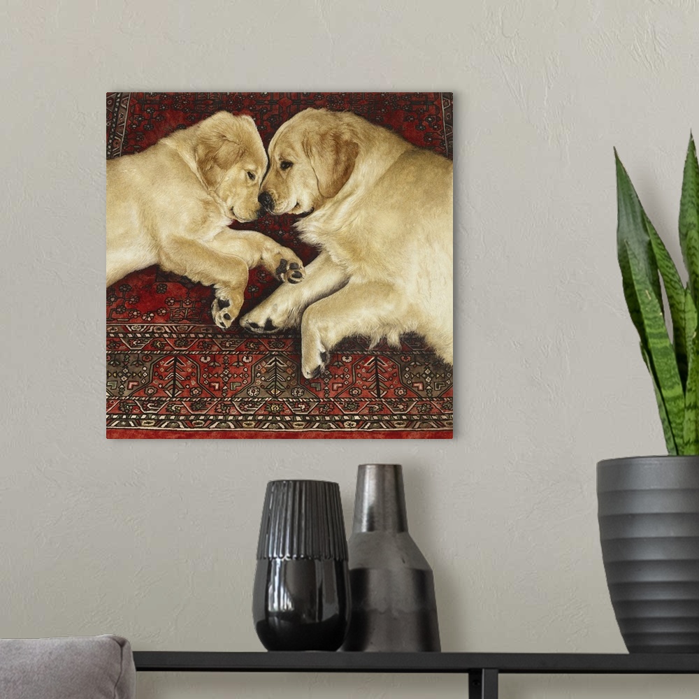 A modern room featuring An image of two yellow Labradors facing each other while laying of a rug.