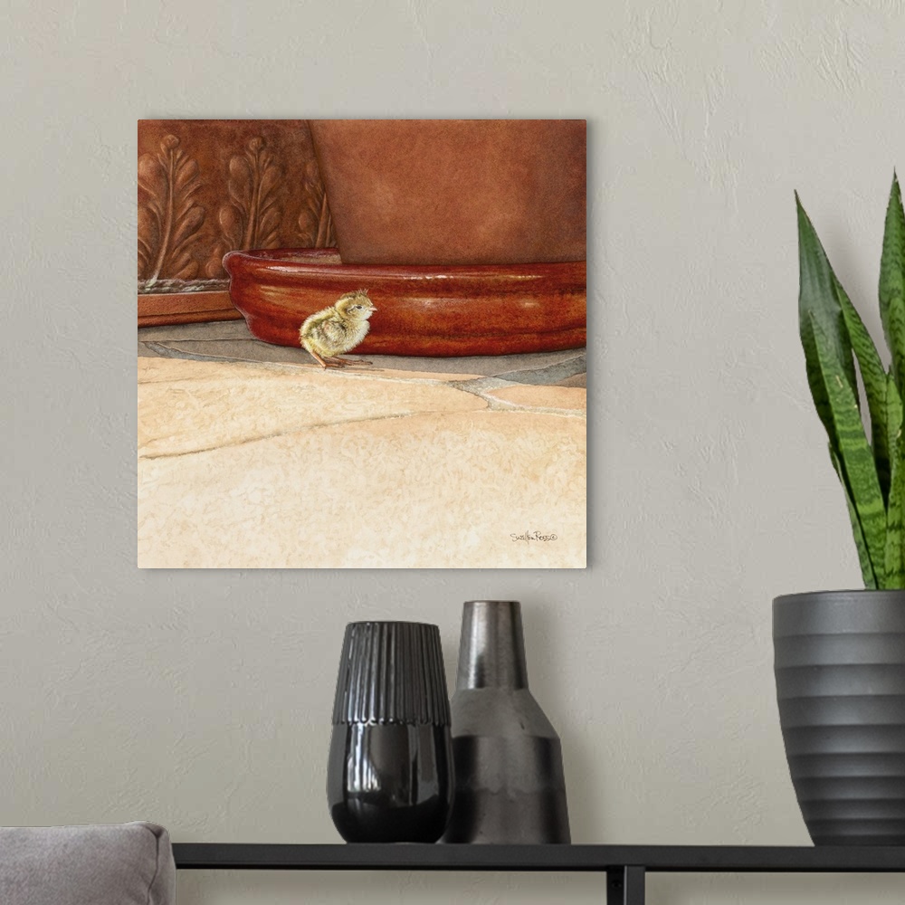 A modern room featuring A square image of a little baby bird walking next to a potted plant.