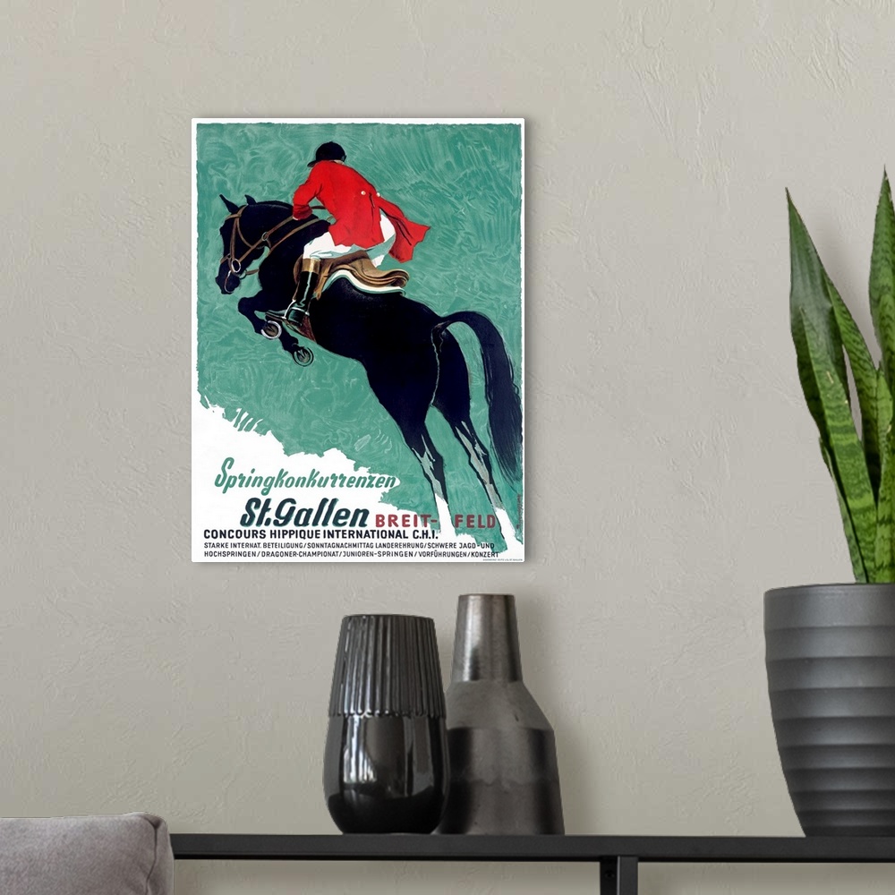 A modern room featuring Classic promotional piece for Concours Hippique International in St. Gallen featuring a rider on ...