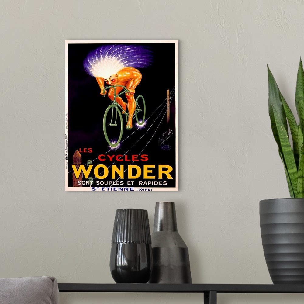 A modern room featuring Les Cycles Wonder Vintage Advertising Poster