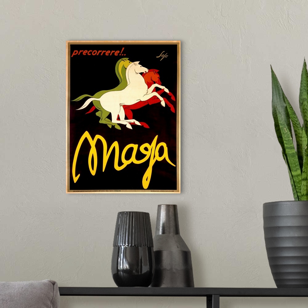 A modern room featuring Mafa, Precorrere, Vintage Poster