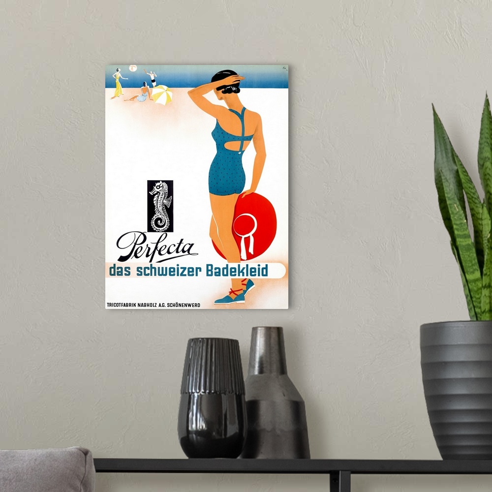 A modern room featuring Antiqued poster advertising swimsuits with a painting of a woman in the foreground holding a hat ...