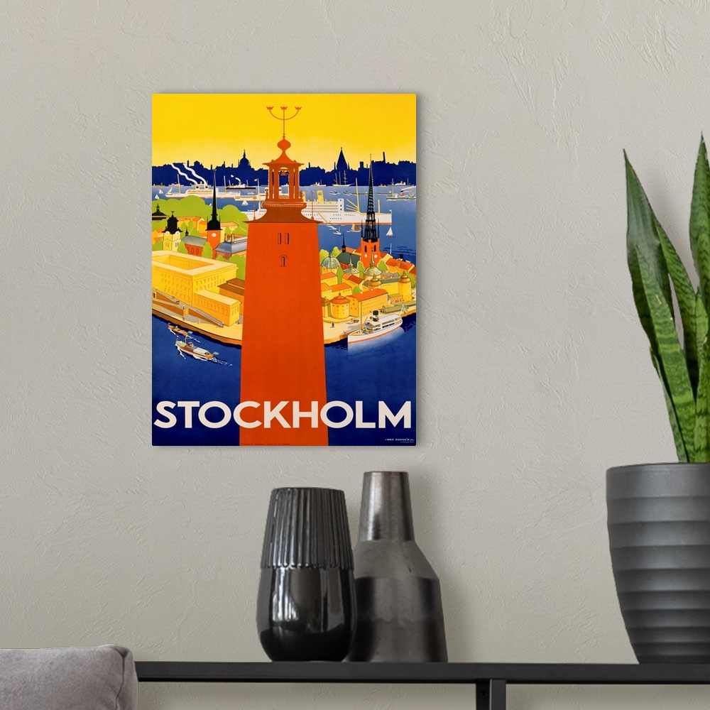 A modern room featuring Stockholm Travel Vintage Advertising Poster
