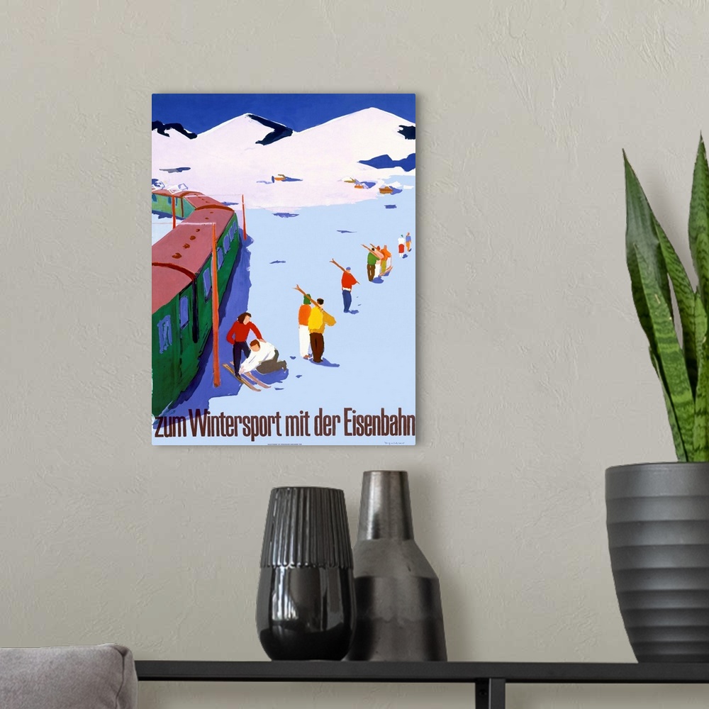A modern room featuring Big antique poster of skiers getting off of a train and walking with their skis to go skiing.