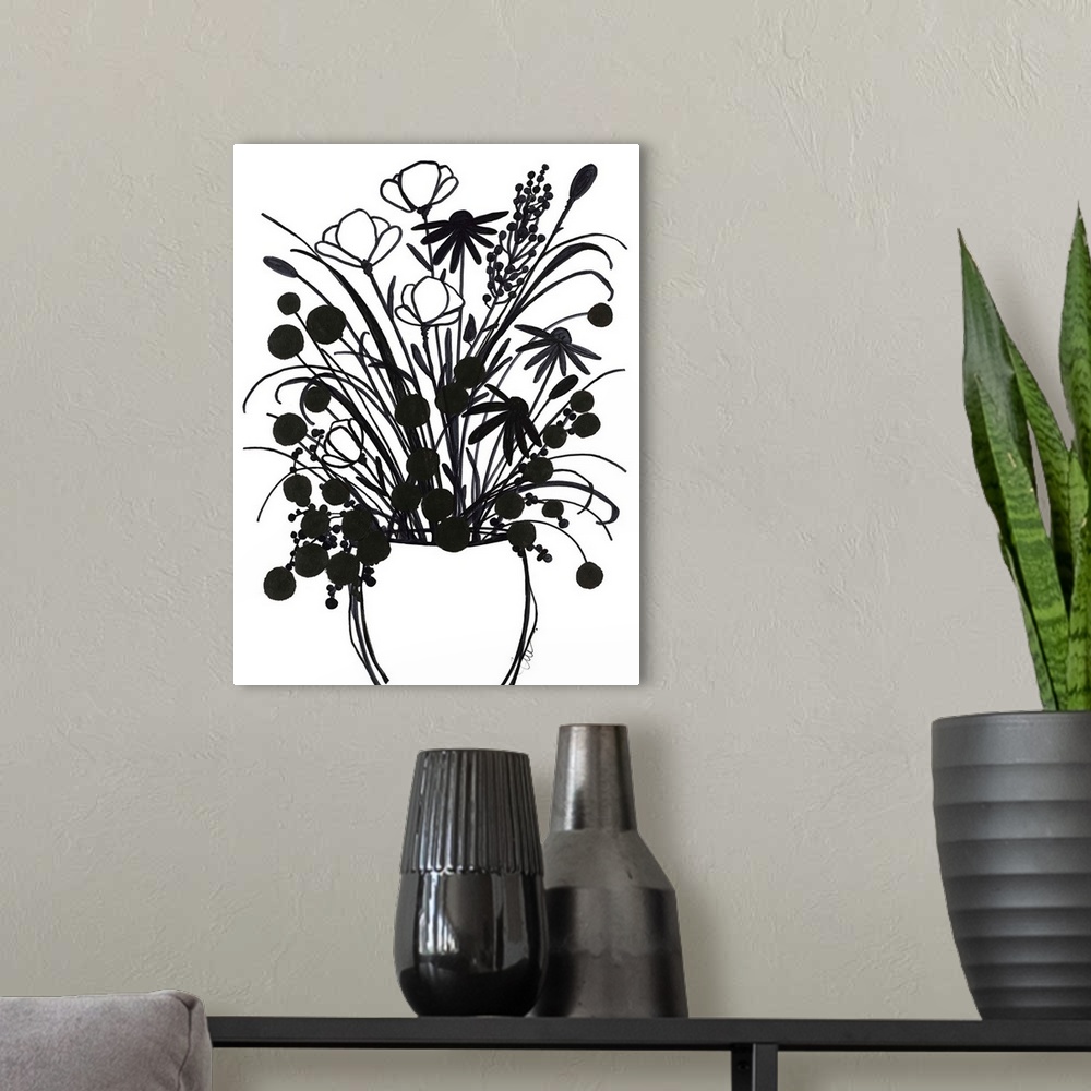 A modern room featuring Simple black and white illustration of long-stemmed flowers in a vase.