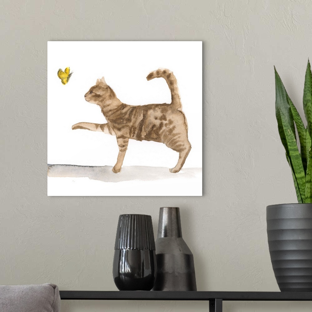 A modern room featuring Sweet watercolor painting of a brown tabby cat chasing a butterfly.