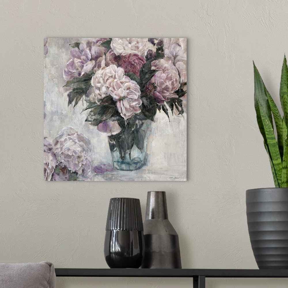 A modern room featuring Classic-style artwork of a bouquet of lavender roses in a glass vase.