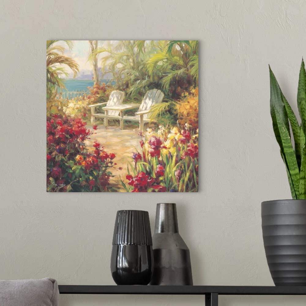 A modern room featuring Contemporary painting of a tropical beachside garden with two chairs.