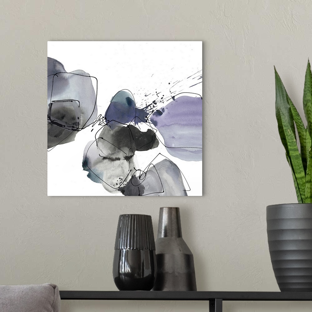A modern room featuring Contemporary abstract painting of organic grey and lavender shapes with black outlines on white.