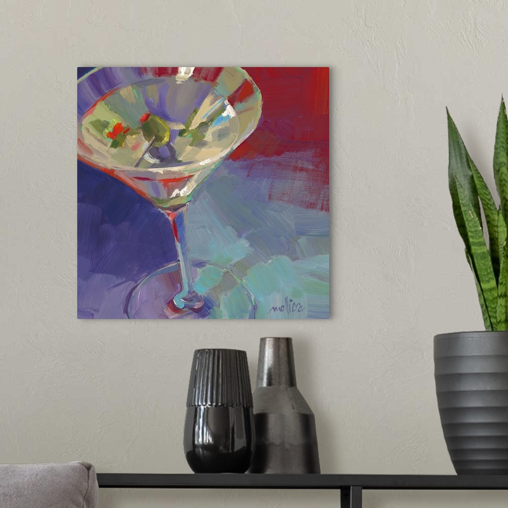 A modern room featuring Contemporary painting of a cocktail against a dark blue background.
