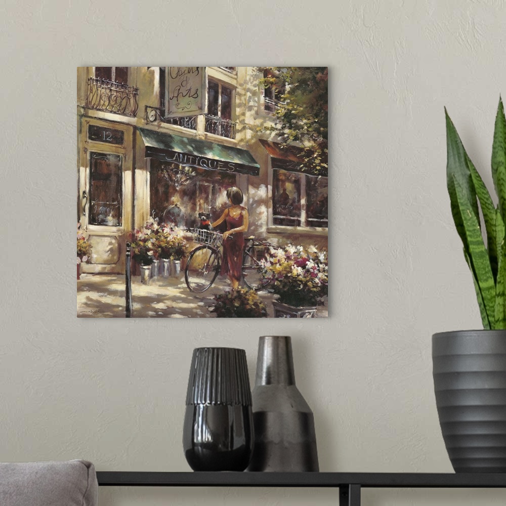 A modern room featuring Contemporary painting of a woman walking a bicycle, outside of a flower shop.