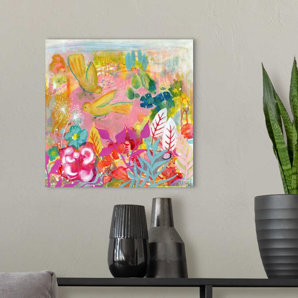A modern room featuring Painting of two birds flying above brightly colored flowers.