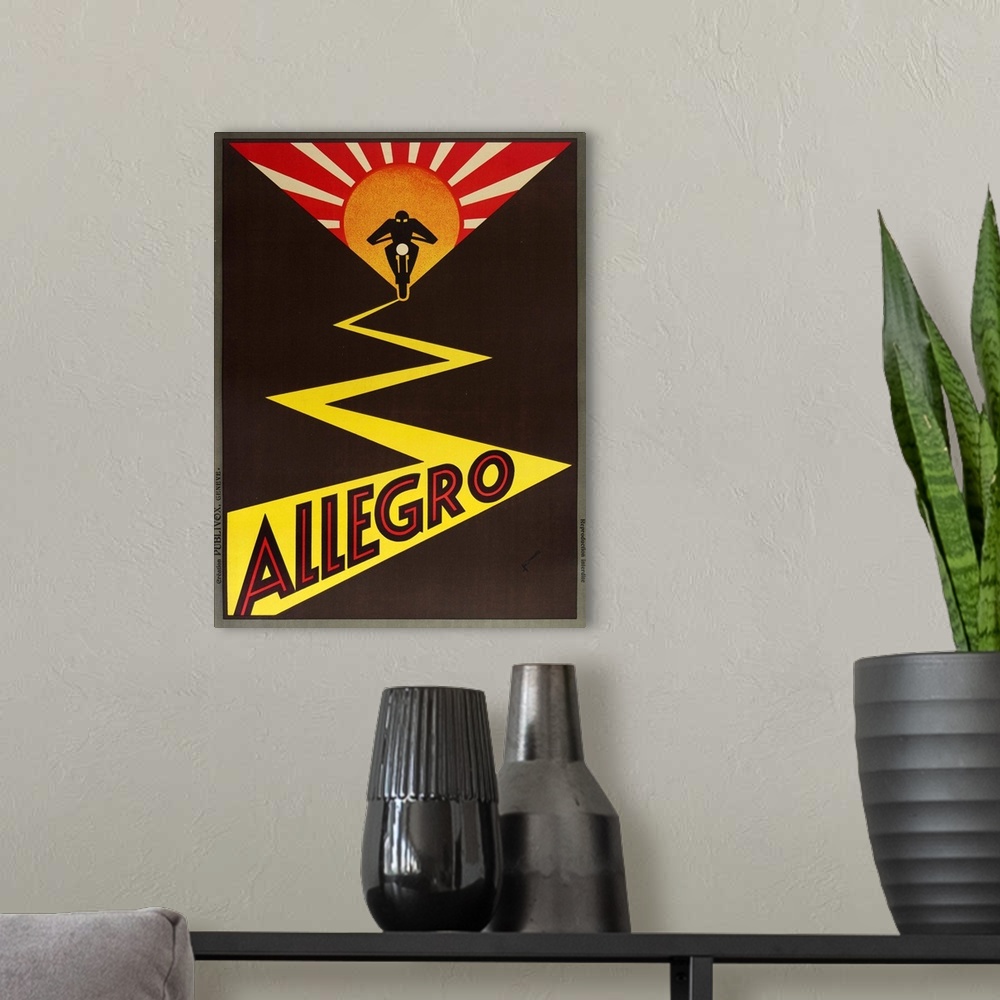 A modern room featuring Vintage advertisement artwork for Allegro motorcycles.