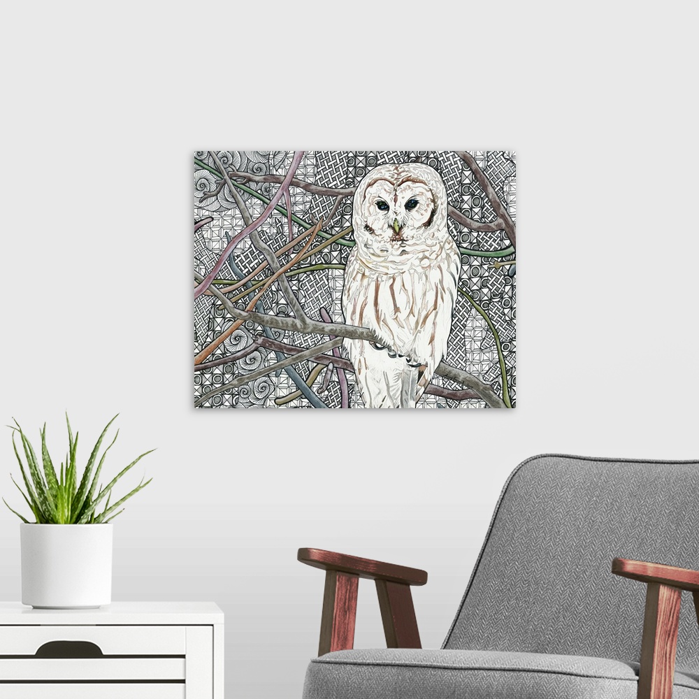 A modern room featuring Illustration of a white owl with brown markings on a branch with colorful branches all around and...