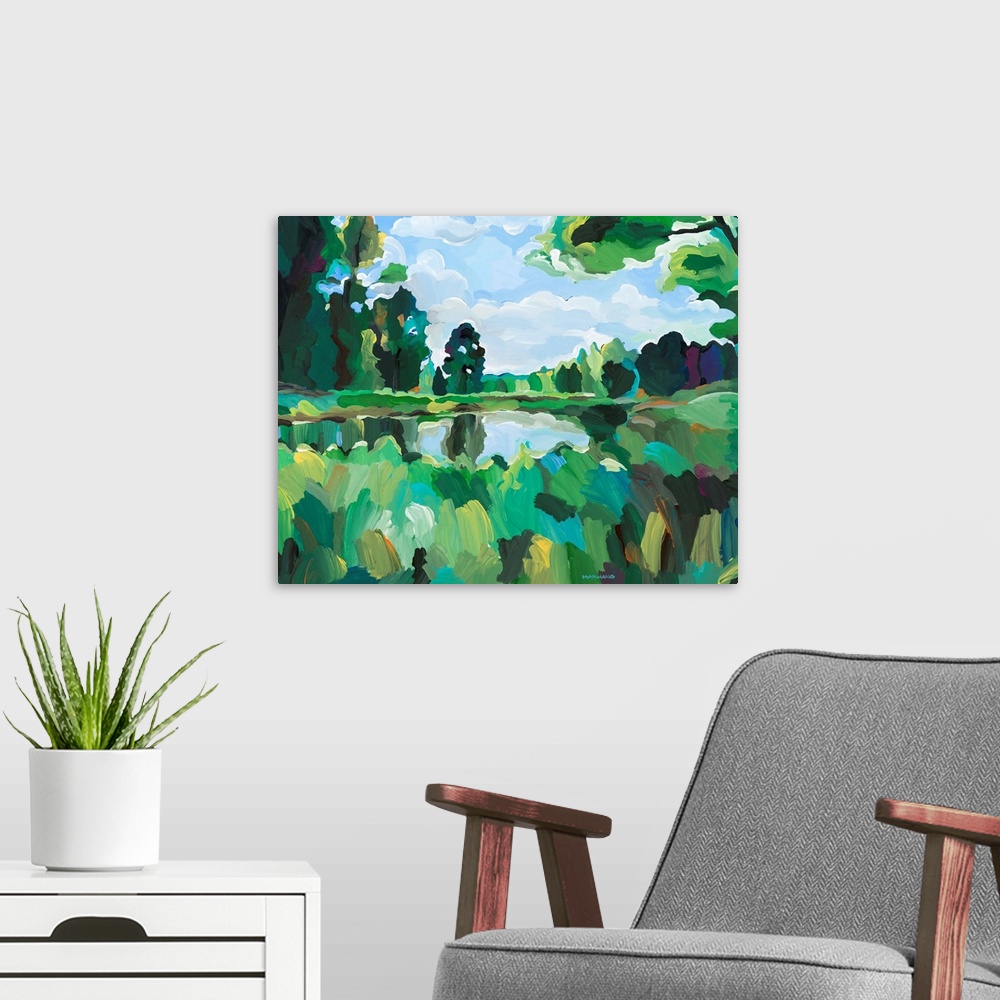 A modern room featuring Abstract landscape painting with trees and greenery surrounding a small pond in shades of blue, g...