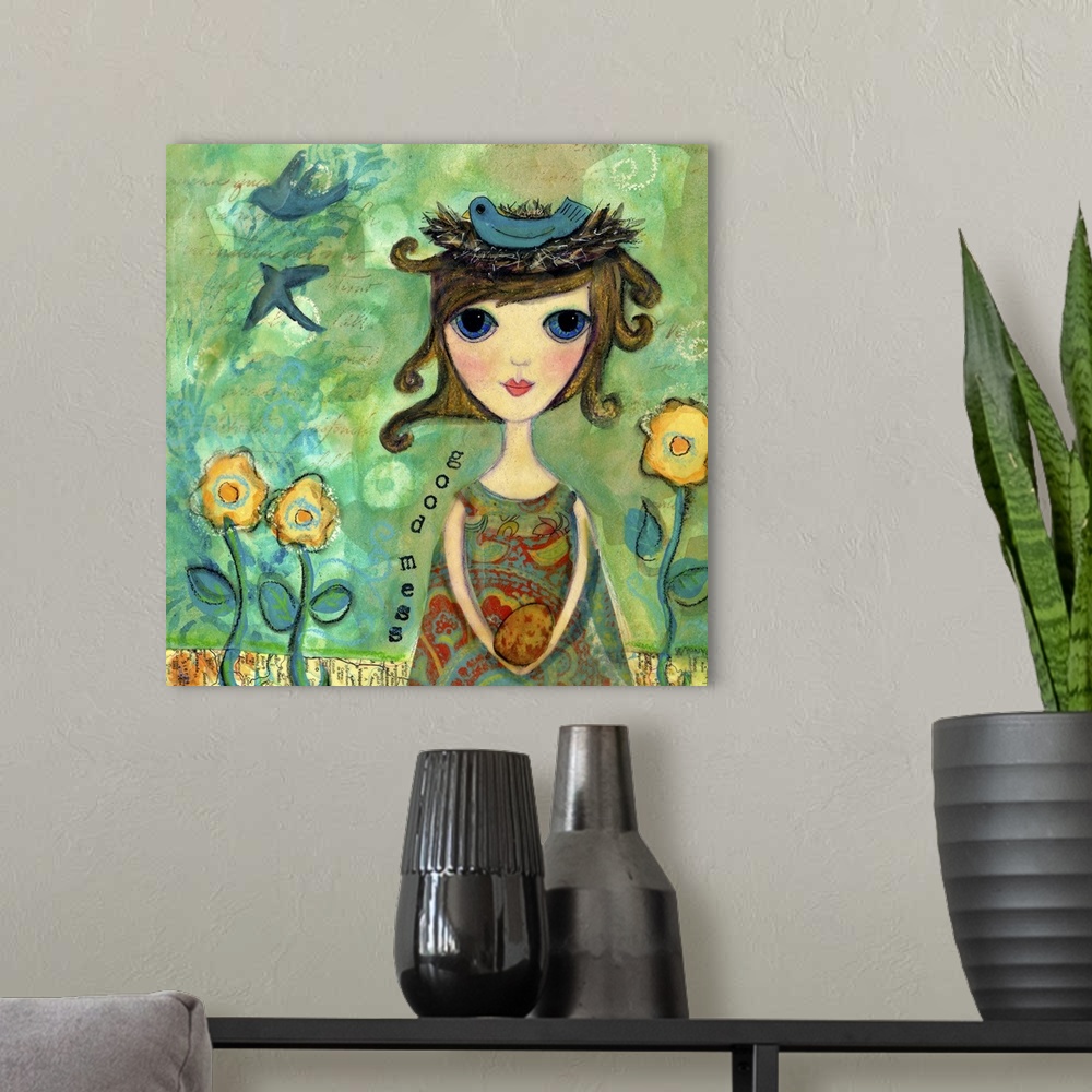 A modern room featuring A woman with large eyes in a garden with a bird's nest on her head.