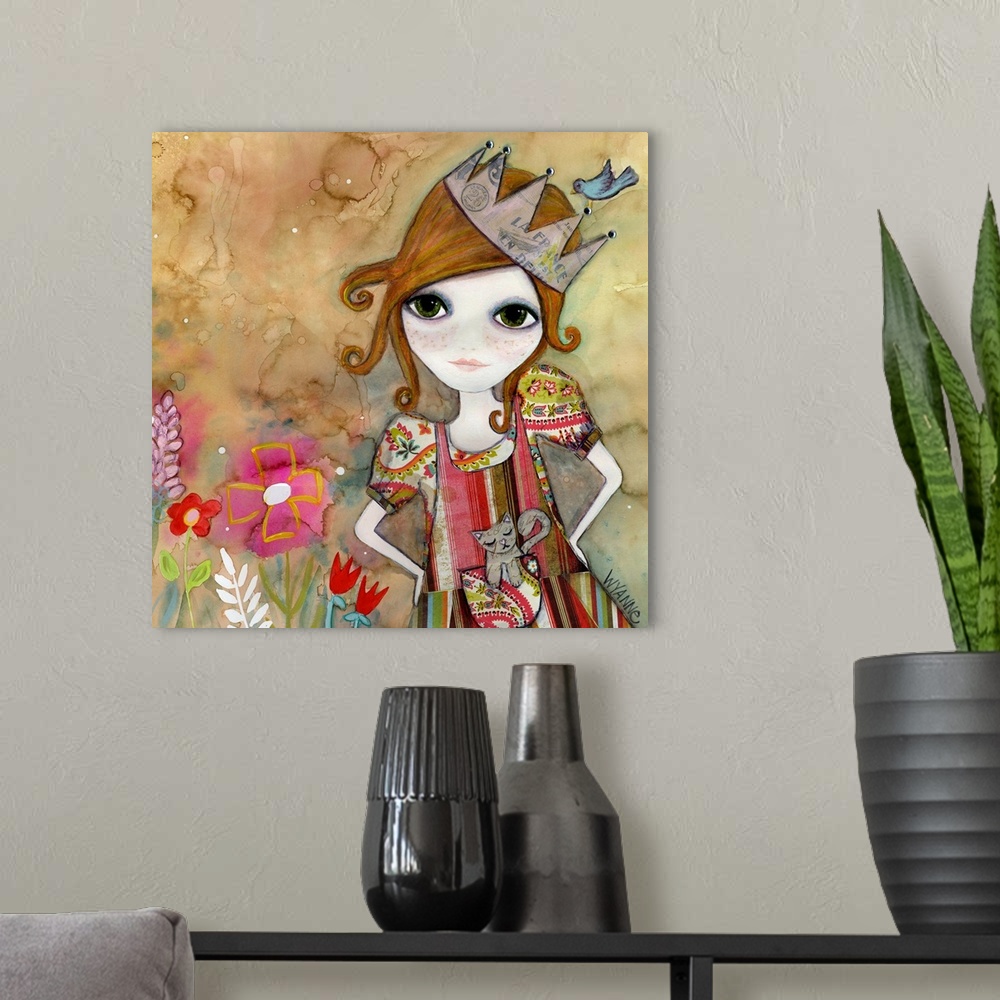 A modern room featuring A young woman with a crown in a garden.