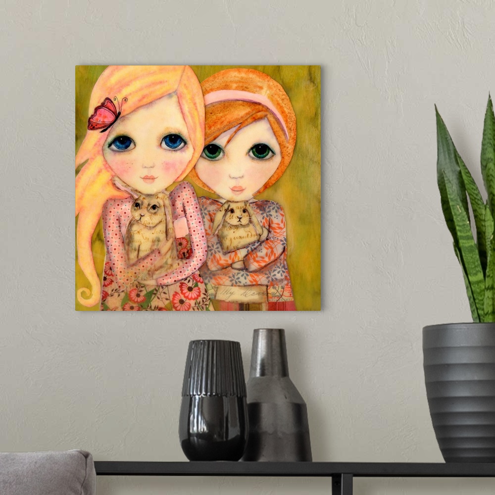 A modern room featuring A painting of two girls holding small rabbits.