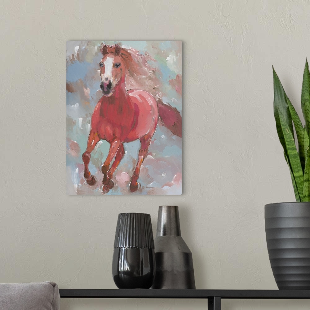 A modern room featuring Contemporary painting of a galloping horse made with shades of pink on a colorful pastel background.