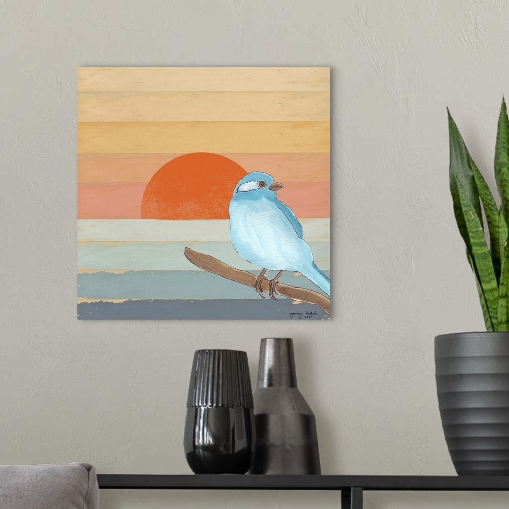 A modern room featuring Drawing of a bird on a striped sunset background.