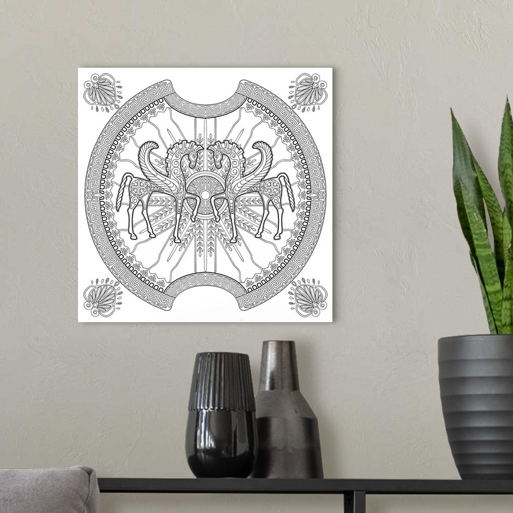 A modern room featuring Contemporary black and white line art with intricate designs and two Pegasus in the center.
