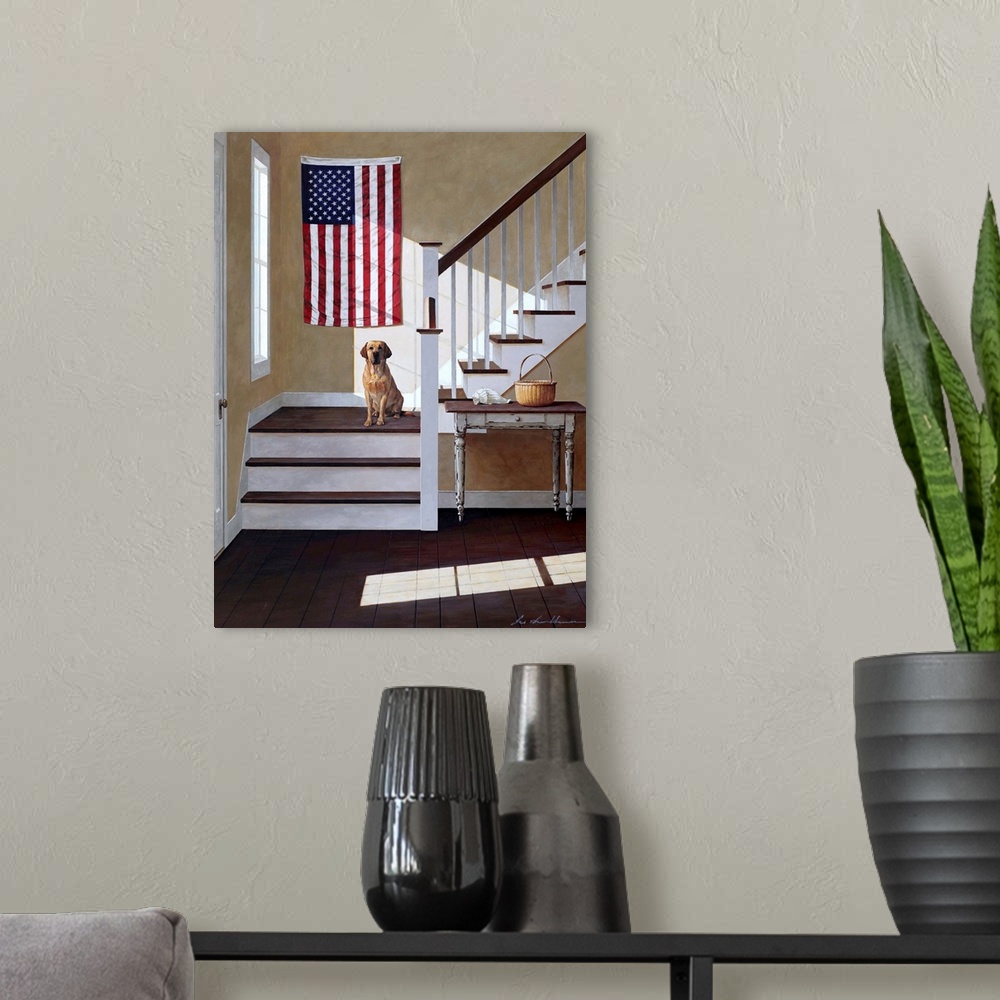 A modern room featuring Dog On Stairs
