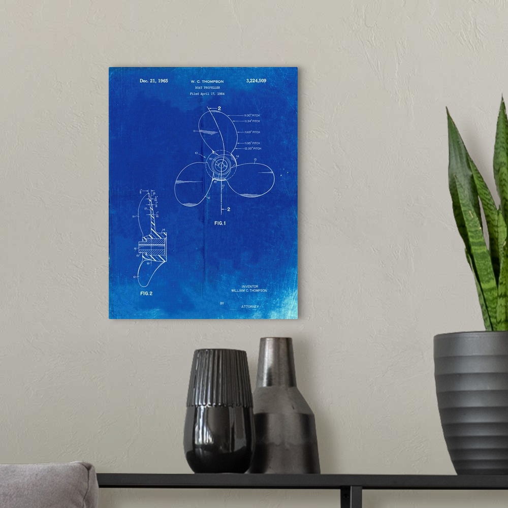 A modern room featuring Faded Blueprint Boat Propeller 1964 Patent Poster