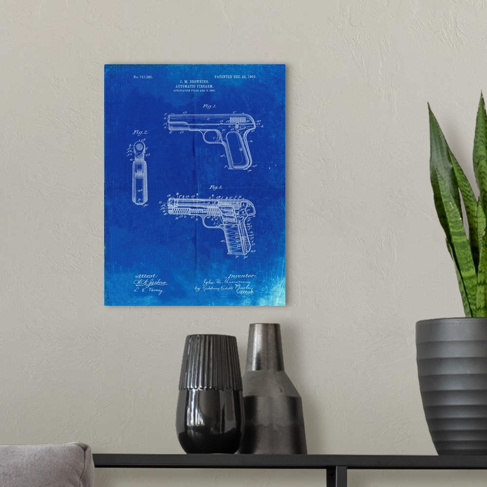 A modern room featuring Faded Blueprint Browning No. 2 Handgun Patent Poster