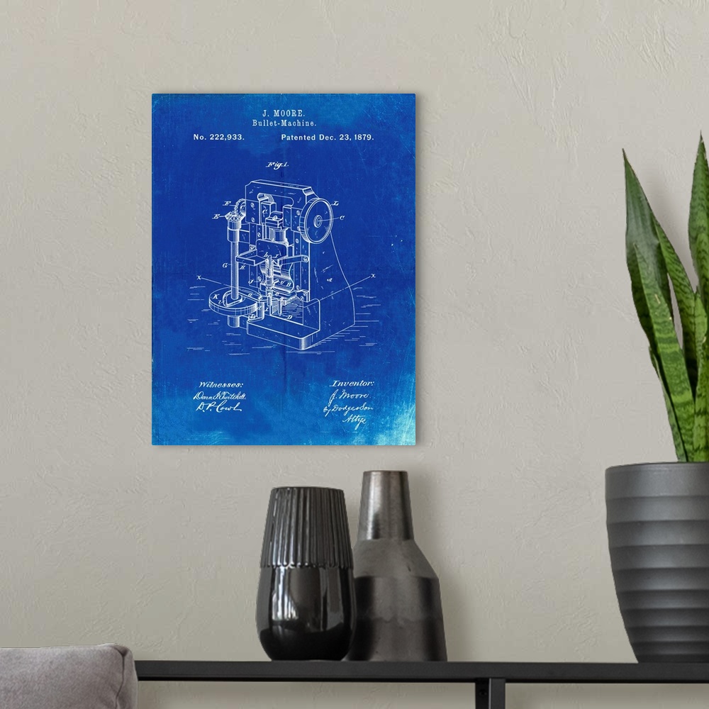 A modern room featuring Faded Blueprint Bullet Machine Patent Poster