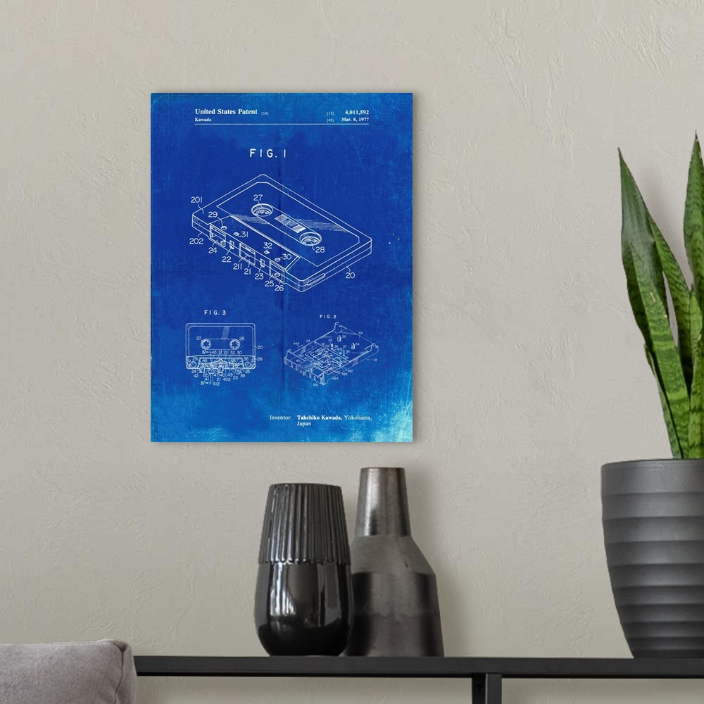 A modern room featuring Faded Blueprint Cassette Tape Patent Poster