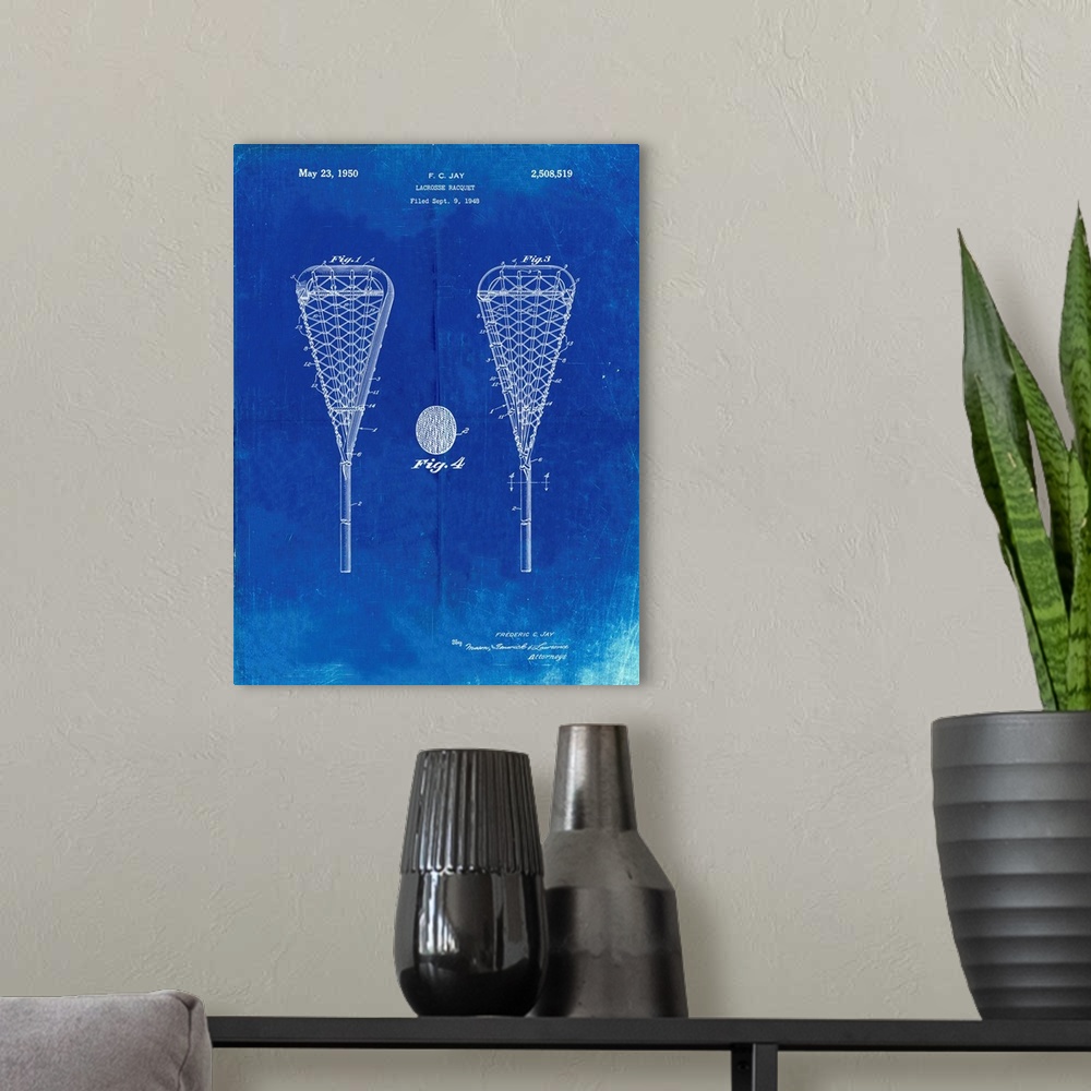 A modern room featuring Faded Blueprint Lacrosse Stick 1948 Patent Poster